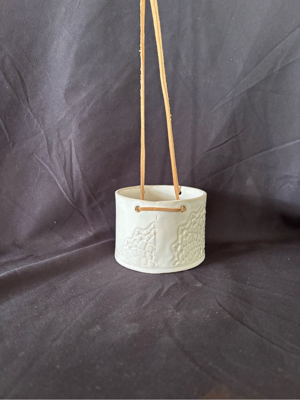 Embossed Cream small Ceramic Hanging Planter with Tan Leather Strap